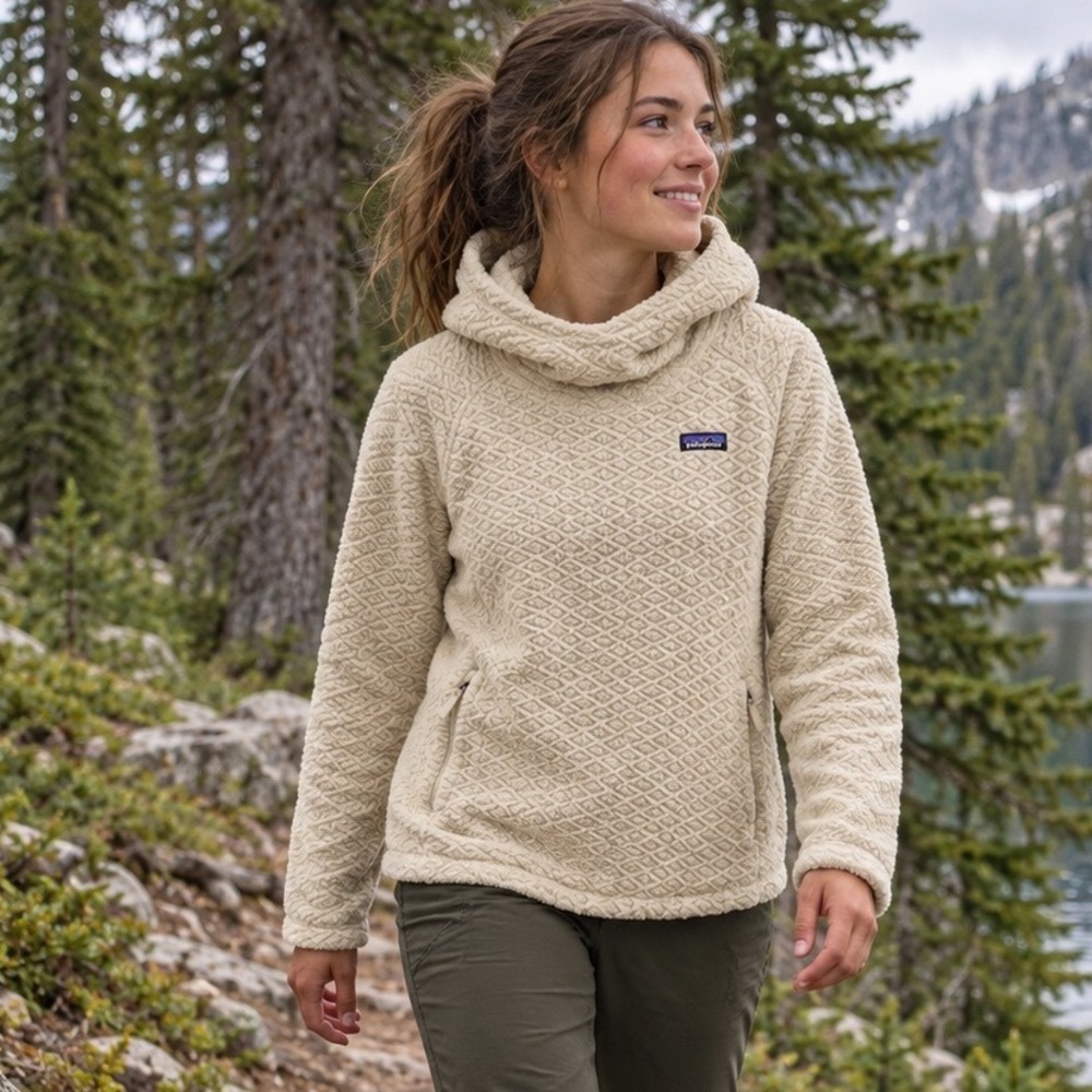 Patagonia Diamond Capra Hoody Women Large Oyster White Fleece Pullover 25106